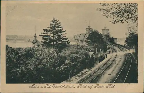 Ansichtskarte Mainz Eisenbahnbrücke, Blick auf Ruder-Klub 1923