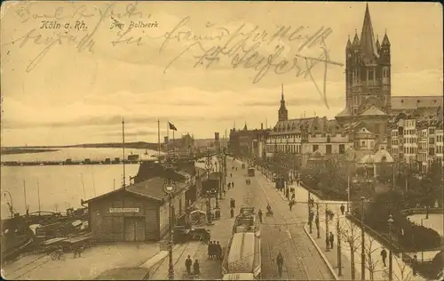 Ansichtskarte Köln Straßen Partie am Rhein mit Bollwerk 1908