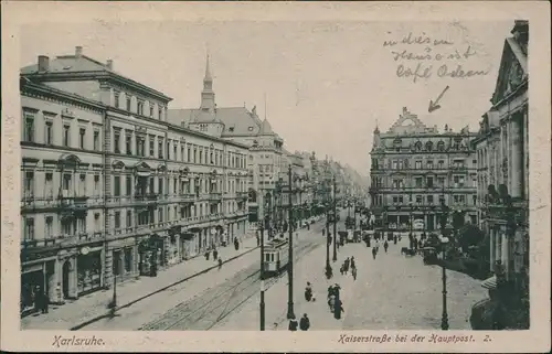 Karlsruhe Kaiserstraße bei der Hauptpost, Tram Straßenbahn 1910