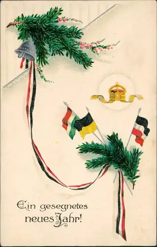 Neujahr Sylvester New Year: Patriotische Grusskarte, Fahnen Flaggen 1910 Prägekarte