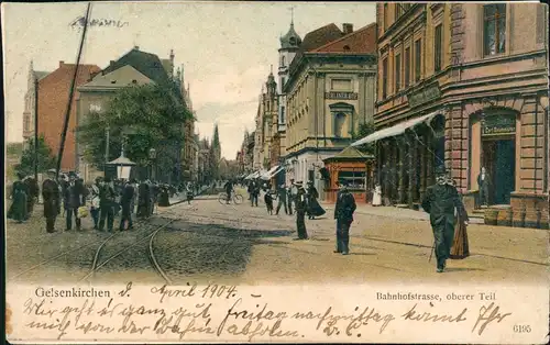 Ansichtskarte Gelsenkirchen Bahnhofstraße, oberer Teil, belebt 1904