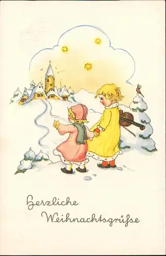 Weihnachten Christmas, Gruss-Karte Kinder in tiefem Schnee 1950