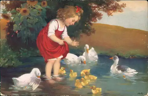 Künstlerkarte: Kind Mädchen am Teich mit Enten & Küken 1948/1930