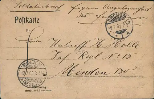 Männergruppe in feiner Kleidung 1903  gel als Feldpost von Bochum nach Minden