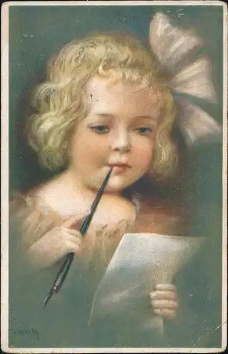 Künstlerkarte "Aller Anfang ist schwer" Mädchen lernt Schreiben 1910