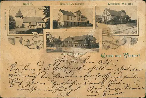 Ansichtskarte Wieren-Wrestedt MB: Kirche, Gasthaus, Kaufmann Walking 1902