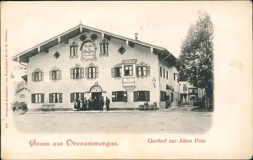 Ansichtskarte Oberammergau Gasthof zur Alten Post; Personen am Eingang 1900