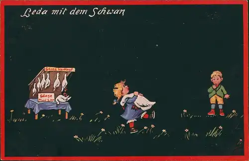 Kinder Künstlerkarte Leda mit dem Schwan „Jugendstreiche" Gänse Verkauf 1912