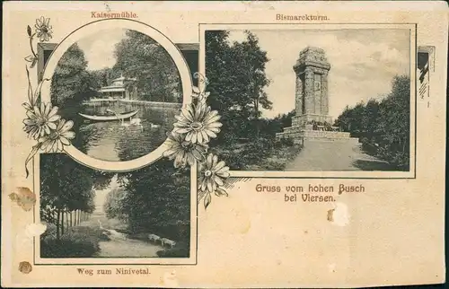 Ansichtskarte Viersen 3 Bild: Kaisermühle, Bismarckturm, Ninivetal 1905