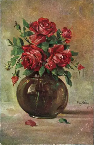 Ansichtskarte  Künstlerkarte Vase rote Rosen - Trindan Shilling 1912