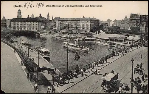 Ansichtskarte Mitte-Berlin Dampferstation Janowitzbrücke und Stadtbahn 1916