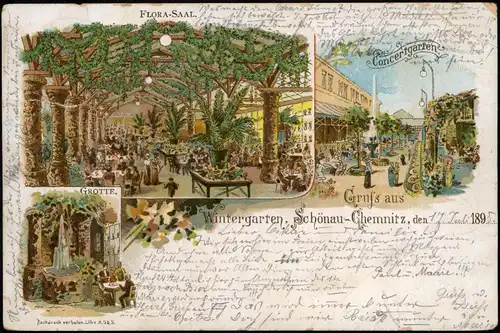 Litho AK Schönau-Chemnitz MB: Flora-Saal, Concertgarten - Restaurant 1895