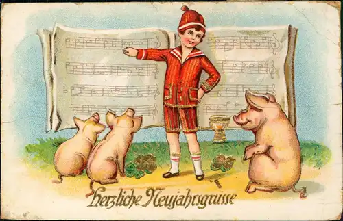 Neujahr Sylvester New Year (Schweine vor Musik-Noten-Blatt) 1910 Goldrand