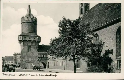 Ansichtskarte Prenzlau Straßenpartie, Turm u. Kirche - Autos 1932