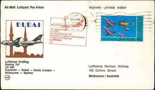 Brief  Lufthansa Erstflug Dubai Sydney 1982   gel Sonderstempel Dubai Melbourne