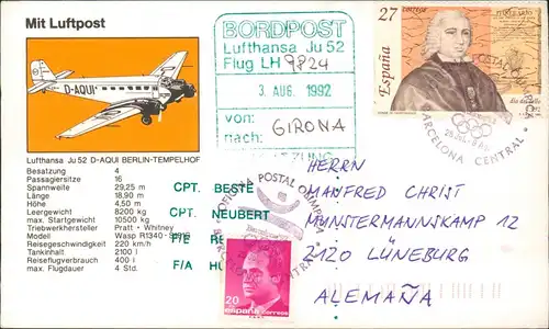 Ansichtskarte  Lufthansa JU 52 Junkers 1992  Bordpoststempel Olympia nach Girona