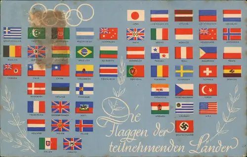 Ansichtskarte Berlin Olympische Sommerspiele - Die Flaggen 1936  gel. Sondermarke und Stempel