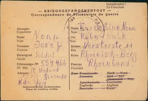 Kalk-Köln KRIEGSGEFANGENENPOST Postkarte Soldat an Heimat in Köln-Kalk 1945