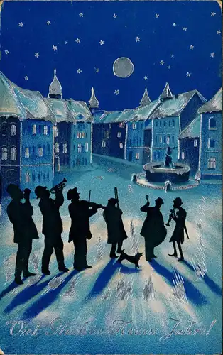 Neujahr Sylvester New Year: Musikanten Sterne Künstlerkarte 1910 Silberrand