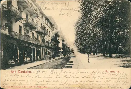 Ansichtskarte Bad Nauheim Parkstraße, Geschäfte 1904