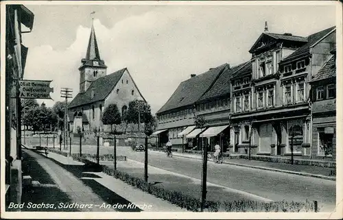 Ansichtskarte Bad Sachsa Straßenpartie an der Kirche 1934