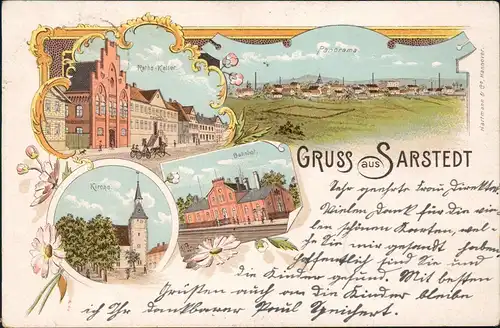 Litho AK Sarstedt Ratskeller, Bahnhof, Stadt - Gruss aus... 1898