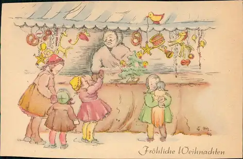 Weihnachten Christmas Künstlerkarte Kinder am Süßigkeiten-Stand 1950