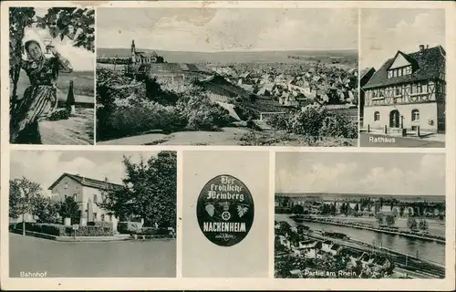 Ansichtskarte Nackenheim MB: Bahnhof, Stadt, Rathaus 1934