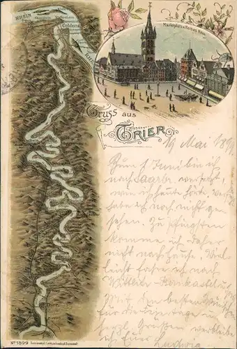 Ansichtskarte Litho AK Trier Marktplatz und Rheinverlauf Rhine 2 Bild 1899