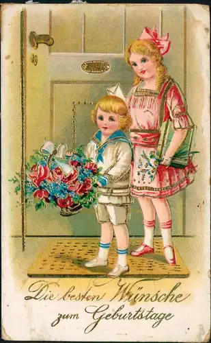 Glückwunsch Geburtstag Birthday, Grusskarte Kinder, Gold-Ornamente 1910 Goldrand