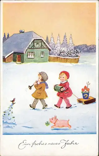 Neujahr New Year Grusskarte: Kinder, Schwein mit Kleeblatt im Maul 1950