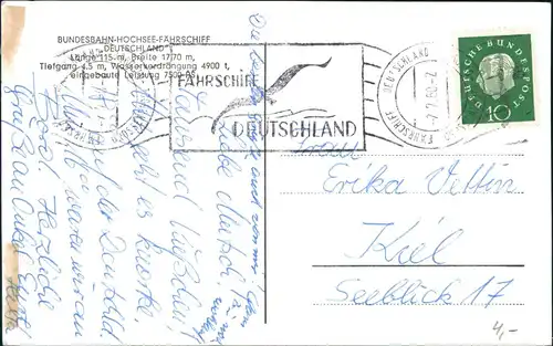 Ansichtskarte  BUNDESBAHN-HOCHSEE-FÄHRSCHIFF DEUTSCHLAND 1960  Sonderstempel