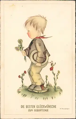 Glückwunsch Geburtstag Künstlerkarte F. Probst Junge mit Blumen 1940