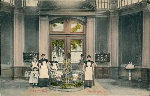 Ansichtskarte Bad Elster Moritzquelle, Bedienstete - colorierte AK 1909