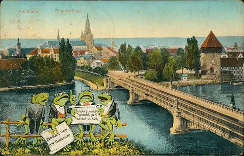 Ansichtskarte Konstanz Rheinbrücke, Frösche 1911