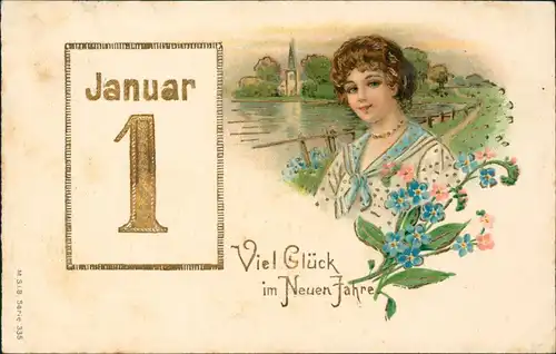 Ansichtskarte  Neujahr Sylvester New Year Frau 1. Januar 1904 Goldrand