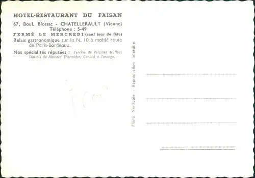 Châtellerault HOTEL-RESTAURANT DU FAISAN Gaststätte Innenansicht 1955