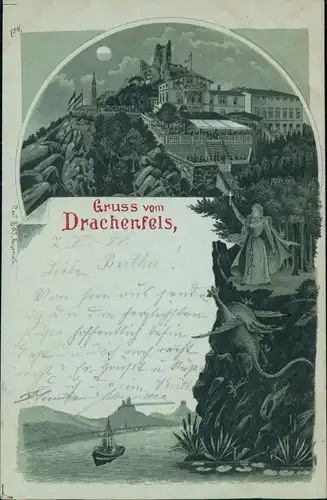 Ansichtskarte Königswinter Drachenfels, Mondschein-Litho AK Frau 1899