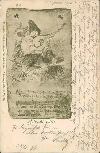 Ansichtskarte  Liedkarte Alleweil fidel! Mann mit Klampfe 1897