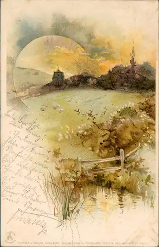 Ansichtskarte  Künstlerkarte Stimmungsbild aufgehende GOLDSONNE 1900 Goldrand