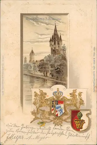 Ansichtskarte Augsburg Gratturm. Gold-Heraldik 1900 Goldrand/Prägekarte