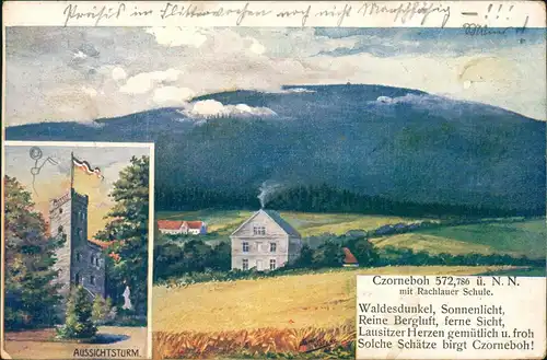 Cunewalde Oberlausitz Aussichtsturm-Czorneboh mit Rachlauer Schule 1911