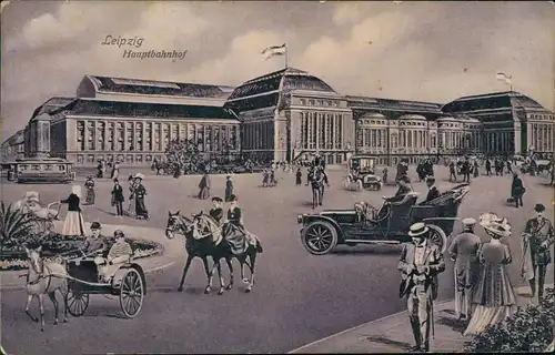 Ansichtskarte Leipzig Hauptbahnhof, Auto Kutsche Pferde - Künstlerkarte 1911
