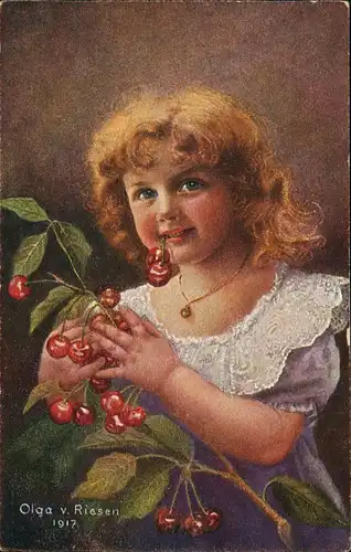 Kinder Künstlerkarte Der kleine Hamster Olga v. Riesen Mädchen Kirschen 1909