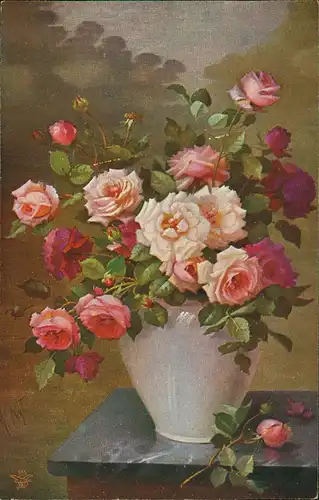 Ansichtskarte  Künstlerkarte Vase mit Rosen Stillleben 1912