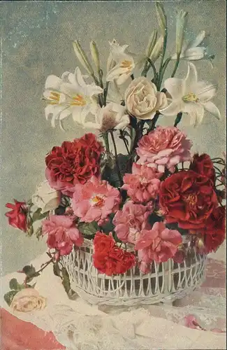 Ansichtskarte  Künstlerkarte Blumenbouquet rote und rose Blumen 1912