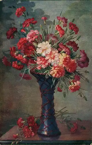 Ansichtskarte  blaue Vase mit rote Nelken Künstlerkarte 1912