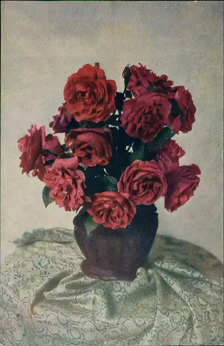Ansichtskarte  Künstlerkarte Vase mit roten Rosen Stillleben 1912