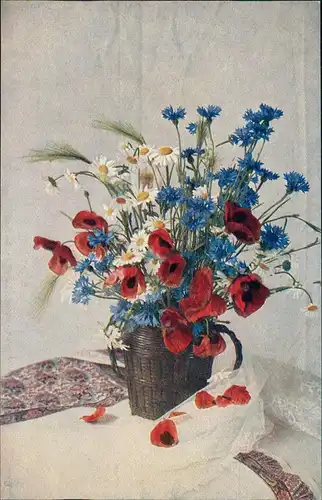 Ansichtskarte  Künstlerkarte Mohnblumen, Kornblumen Vase 1912
