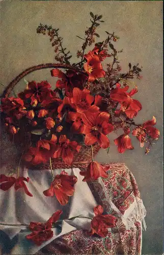 Ansichtskarte  Künstlerkarte Blumenkorb rote Blüten Naturfarben 1912
